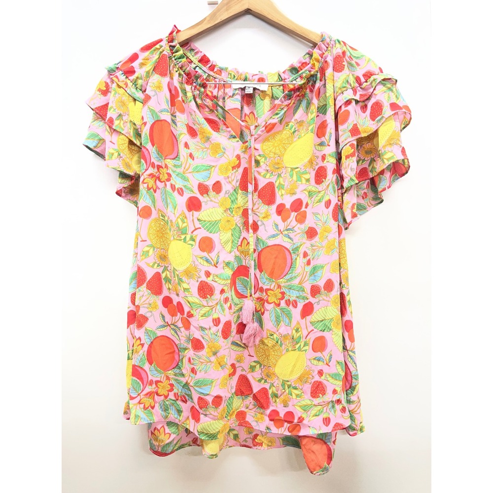 Rose + Olive Pink Fruit Print Ruffle Sleeve Tassel Tie Blouse 1X